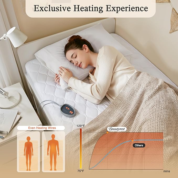 Beautyrest 3M Scotchgard Heated Mattress Pad - Electric Bed Warmer with 5 Heat Settings, 10 Hr Auto Shut Off Timer, All Around Elastic Deep Pocket, UL Certified, Machine Washable, White Twin