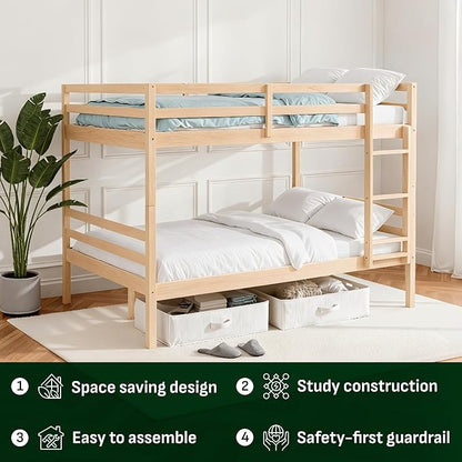 Softa Full Over Full Bunk Bed with Thick Posts,Wooden Bunk Bed with High Guardrail and Ladder for Kids, Teens, Dorm Rooms, and Guest Rooms,No Box Spring Needed, Natural