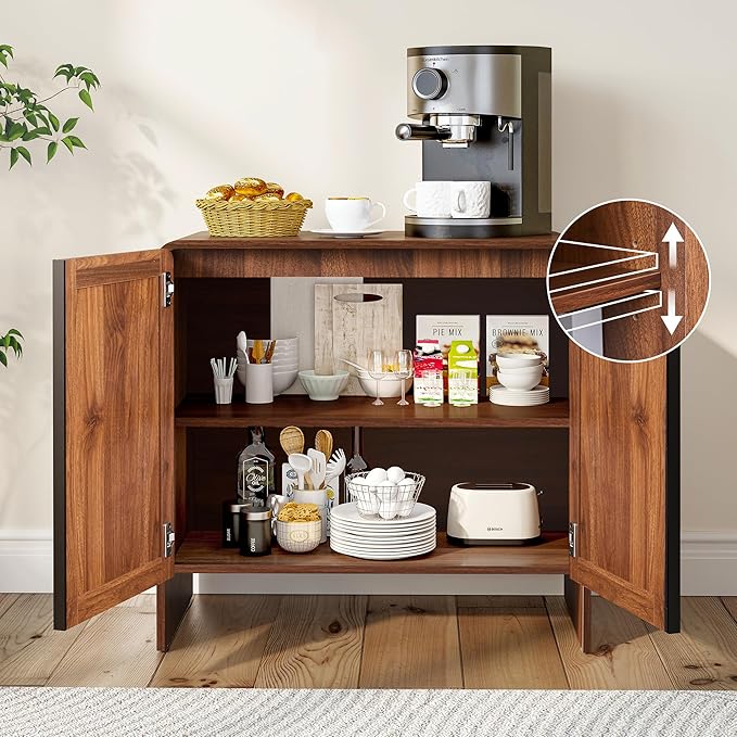 BERRYMERRY 2 Door Fluted Sideboard Buffet Cabinet with Storage, Modern Wood Cabinet with Adjustable Shelves for Living Room, Dining Room (Brown 2 Doors)