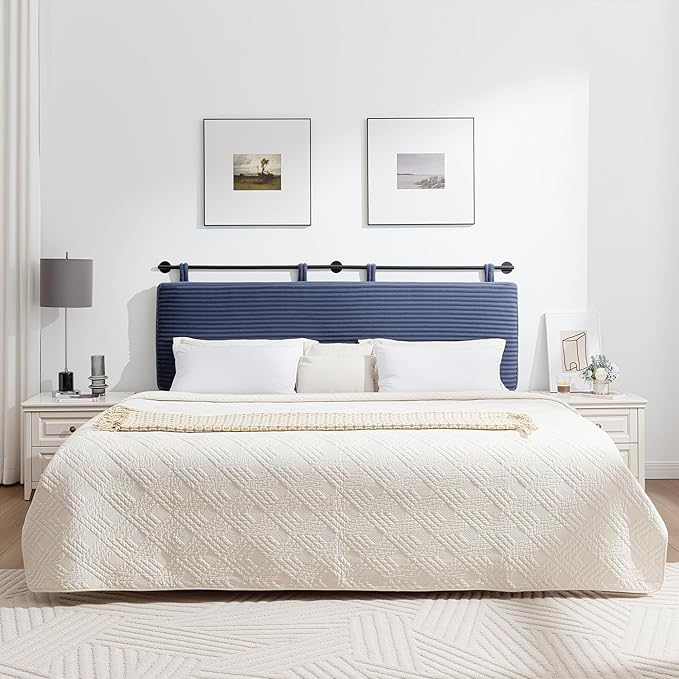 UEV Queen Headboard Only, Wall Mounted Hanging Upholstered Bed Head Board, Modern Vertical Channel Design of Fine Flannel, Elegant Dark Blue Fluted Headboard for Bedroom (Dark Blue, Queen Size)