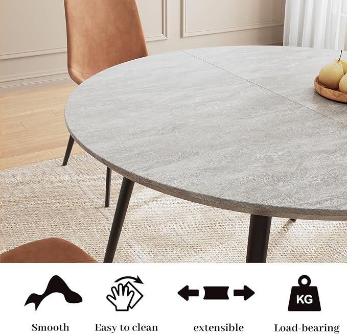 43.3"-59.1" Extendable Round Dining Table Set, Wooden Round Table for 4-6 Person, Walnut Coffee Table w/Scratch-Resistant Tabletop
