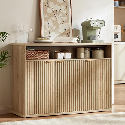 LEYAOYAO Buffet Cabinet with Storage, 45" Wide Fluted Accent Sideboard Credenza with 3 Doors & Open Storage Shelf, Modern Kitchen Wood Media Console Cabinet for Dining Room, Entryway, Natural Oak