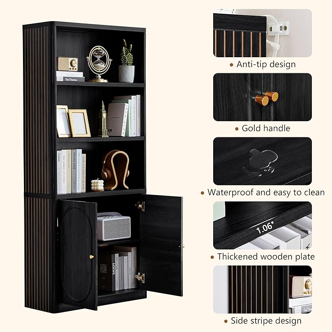 70.8" Tall Fluted Bookshelf with Storage Cabinet, Modern 5-Tier Wood Bookcase with Open Display Storage Shelf, Gold Handles for Office Living Room (Black)