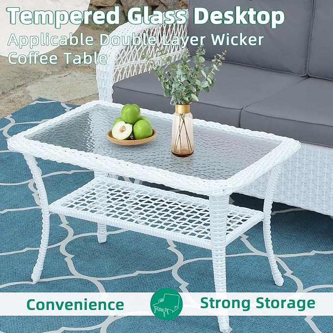 VIVIJASON 4-Piece Outdoor Patio White Wicker Conversation Sets, All Weather Outdoor Rattan Furniture Set Includes Glider Loveseat, Coffee Table, 2 Rocking Chairs with Cushions for Backyard, Grey