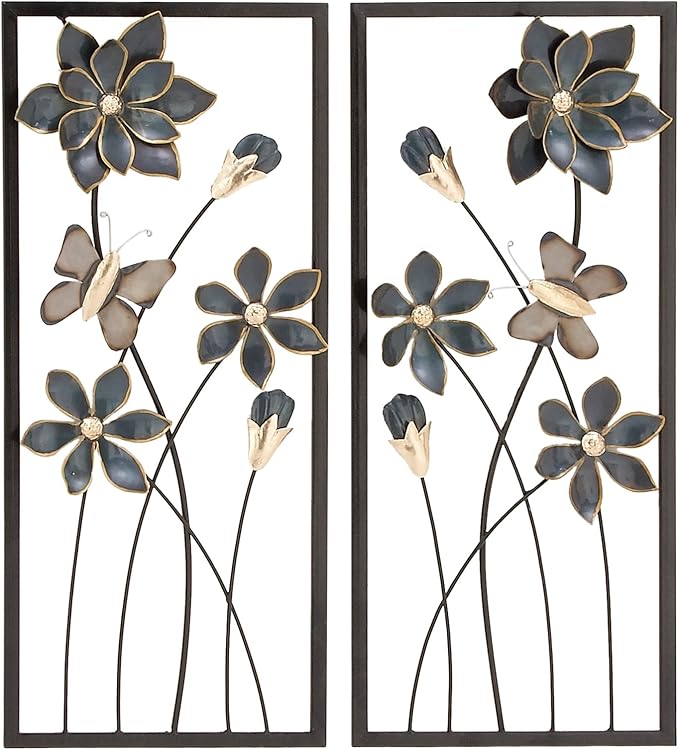 Deco 79 Metal Floral Home Wall Decor Wall Sculpture with Black Frames and Butterfly Accents, Set of 2 Wall Art 12"W, 28"H, Teal