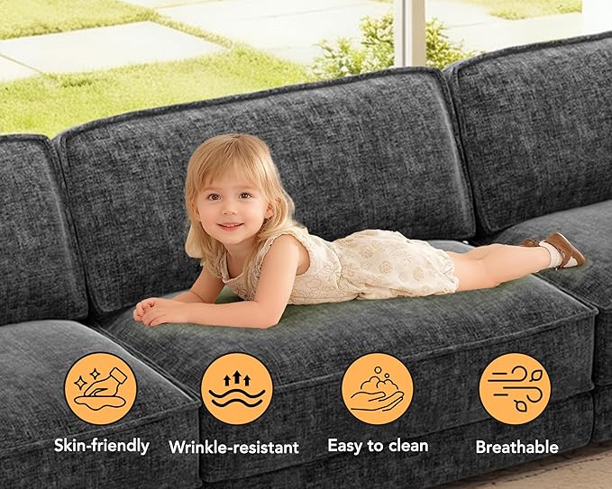 Sunny Heart 160" U-Shaped Modular Sectional Sofa, Oversized Cloud Couch with Movable Ottoman, 6-Seat Chenille Deep Seat Sofa with Pillow, Sectional Couches for Living Room, Apartment, Dark Grey