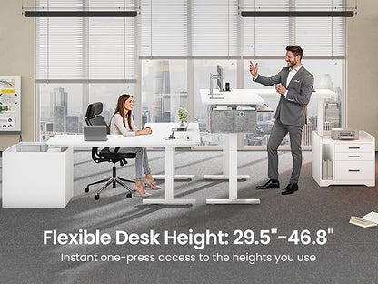 SEDETA L Shaped Electric Standing Desk with File Cabinet, 63 x 53'' Height Adjustable Home Office Computer Desk with Drawers, Power Outlet, Stand up Gaming Table with Led Lights, Keyboard Tray, White