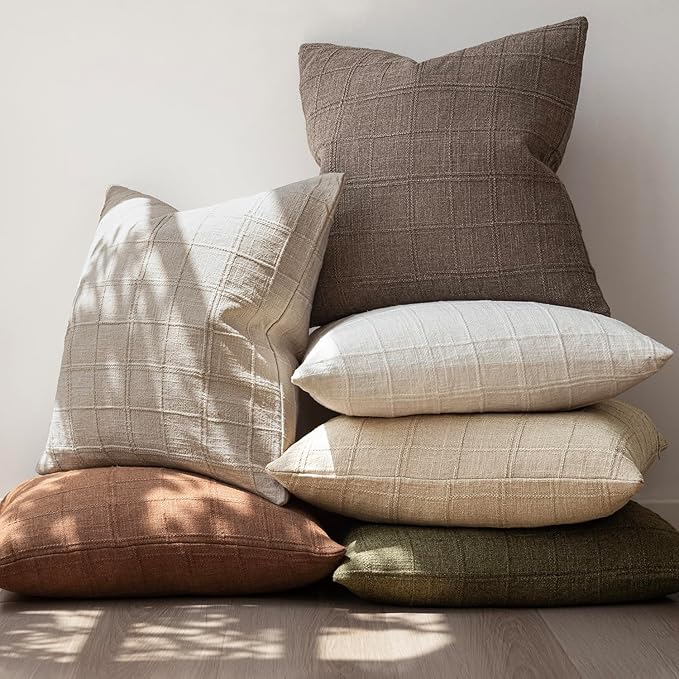 Foindtower Set of 2 Decorative Linen Check Throw Pillow Covers Neutral Farmhouse Vintage Cushion Covers Modern Boho Home Decor for Sofa Chair Couch Bedroom Living Room,26×26 Inch,Taupe Grey