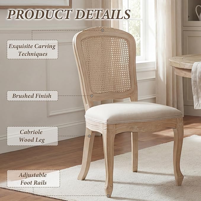 Wicker Dining Chairs Set of 6, Upholstered Linen Fabric Dining Room Chairs with Square High Rattan Back Farmhouse French Kitchen Chairs for Dining Table/Living Room/Restaurant, White