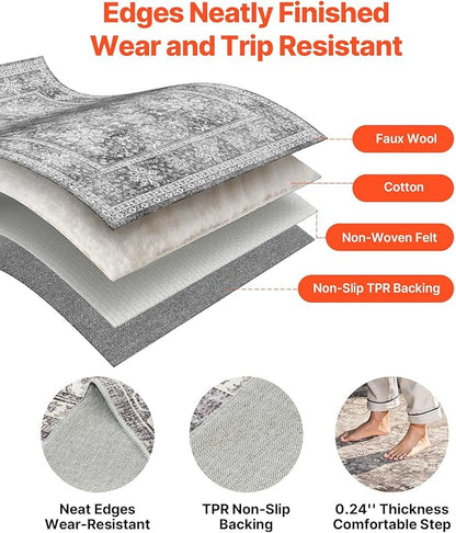 VEVOR 8 x 10 ft Area Rug Large Washable Rug Non-Slip and Tear-Resistant Soft Carpet Pet & Child Friendly Vintage Area Rugs Indoor Mat for Bedroom Living Room Kids Room Entryway Office Gray