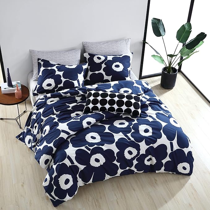 Marimekko - King Duvet Cover Set, Cotton Bedding with Matching Shams & Button Closure, All Season Home Decor (Unikko Indigo, King)