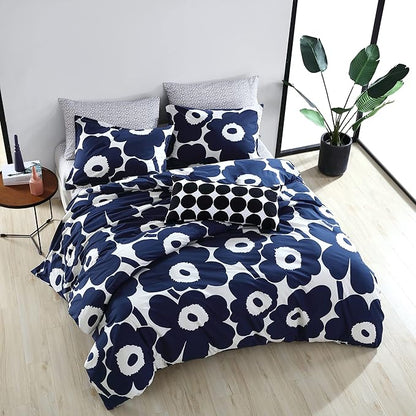 Marimekko - Queen Comforter Set, Cotton Bedding with Matching Shams, Lightweight Home Decor for All Seasons (Unikko Indigo, Queen)
