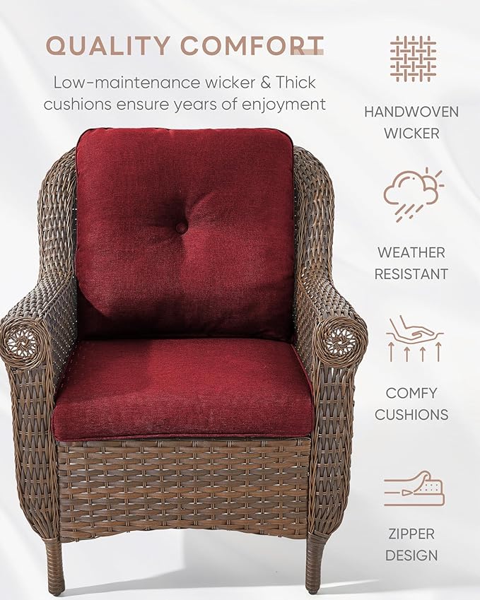 Patio Wicker Chairs Outdoor Furniture Chair - Set of 4 Outside All Weather Lawn Dining Brown Rattan Armchair with High Back&Deep Seating for Deck Porch Balcony Backyard Garden - Red