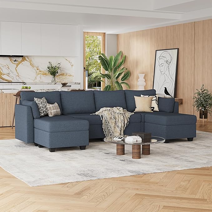 114.17" Modular Sectional Sofa, 6 Seat Sectional Couches with Storage, Memory Foam, Convertible Modular Couch for Living Room, U Shaped Comfy Modular Sofa with Chaise, Blue Grey
