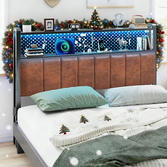 VINGLI Full Size Headboard Only, Adjustable Upholstered Headboard with 2 Tier Shelves and Pegboard with Charging Stations and LED Lights, Modern Bed Headboard with Storage for Bedroom Decor