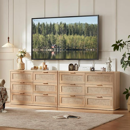 LEYAOYAO Rattan 6 Drawer Dresser for Bedroom, Boho 48" Wide Natural Wood Dresser Chest of Drawers, Dressers TV Stand with Metal Handle, Storage Dressers Closet Organizer for Living Room, Hallway