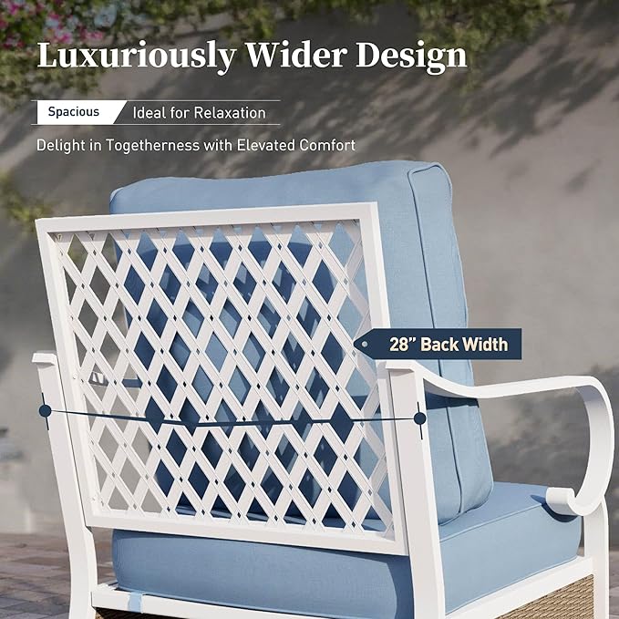6 Piece Metal Outdoor Patio Furniture Set, Patio Conversation Set 3-Seater Sofa, 2 Fixed Sofa, 2 Rocking Chair with 5.75" Thick Cushion and Coffee Table White Backyard Furniture, Blue