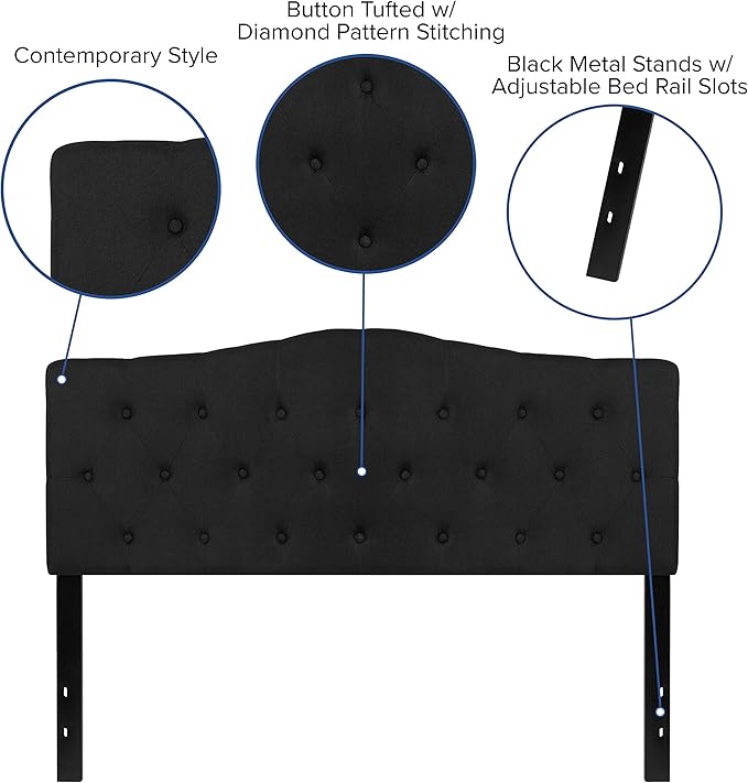 EMMA + OLIVER Tufted Upholstered Queen Size Headboard in Black Fabric