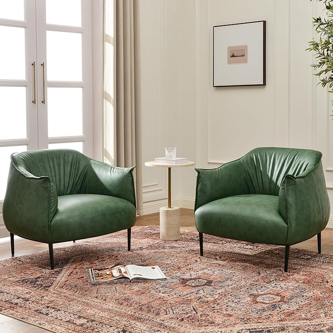 KINWELL 33" W Faux Leather Barrel Chairs Set of 2 with Hand-Tufted Pleated Back Flared Arms, Modern PU Upholstered Accent Chairs with Metal Legs, Large Armchairs Lounge Chairs for Living Room, Green