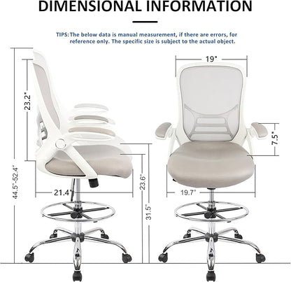 HYLONE Drafting Chair, Tall Office Chair Standing Desk Stool with Adjustable Foot Ring, Flip-Up Arms, Mesh High-Back Drafting Table Chair, White & Grey