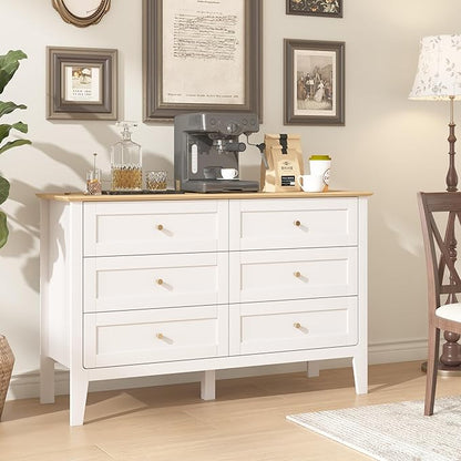 6 Drawers White Dresser for Bedroom, 47" Wide Wood Modern Chest of Drawers, Shaker Style, Modular Dresser TV Stand for Bedroom, Living Room, Hallway (White)