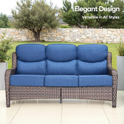 Swivel Patio Chairs sofa Set of 6 with 6" Thick Cushion - Wicker Outdoor Swivel Rocker Patio Chair ,Sofa/Glass coffee table, High Back Comfortable Outdoor Glider Chairs - Brown Wicker - Blue Cushions