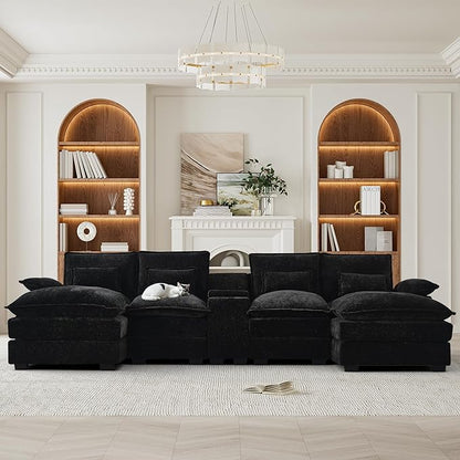 HYJT-H&K 124" U Shaped Cloud Couch Sectional, Comfy Fluffy Chenille Black Sectional Couches for Living Room, Modern Modular Sectionals Sofa with Central Console Double Chaise Lounge Black