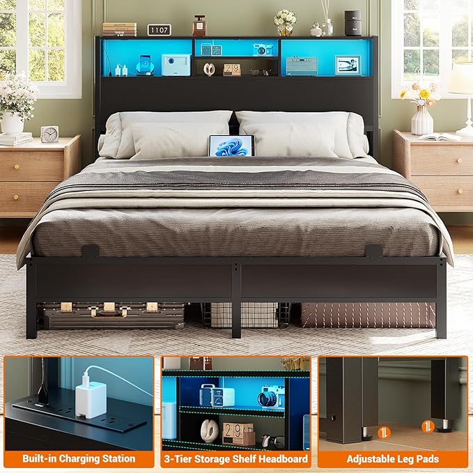 Aheaplus Headboard for Full Size Bed with Storage, Headboards with Outlets, USB Ports and LED Light, Full Size Head Board Only, Height Adjustable, Reversible, Sturdy and Stable Headboard, Black