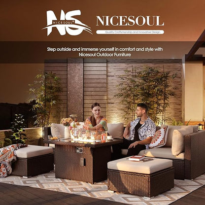NICESOUL Modern Luxury Outdoor Patio Sectional Furniture Set with Fire Pit Table, Large Size PE Brown Wicker 29.3'' High Back Conversation Set with Natural Gas/Propane Fireplace, 11 Pieces 10 Seats
