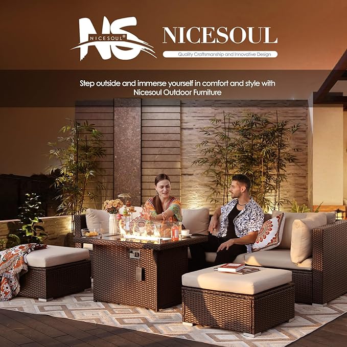 NICESOUL 7 Piece Outdoor Patio Sectional Furniture Set with Fire Pit Natural Gas/Propane, Large Size Comfortable Conversation Sets, 29.3'' High Back Deep Seat Sofa, Brown Rattan and Beige Cushion