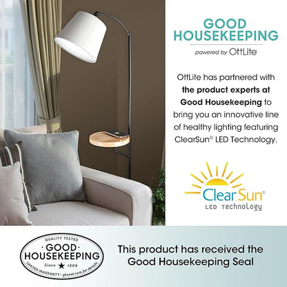 OttLite Good Housekeeping Shaded Modern LED Floor Lamp for Bedroom with Tray, Wireless Charging Table, Designed to Reduce Eyestrain, Adjustable Shade, ClearSun LED Bulb, Reading Light & Studying Lamp