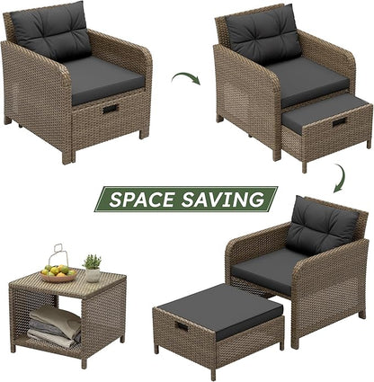 Balcony Furniture 5 Pieces Patio Set, Hand-Woven Rattan Patio Conversation Set with Soft Cushions & Coffee Table, Outdoor Chairs with Hidden Ottoman for Porch, Lawn, Garden, Balcony, Black