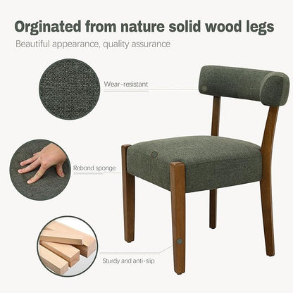 Modern Green Dining Chairs Set of 6, Walnut Upholstered Kitchen & Dining Room Chairs, Mid Century Modern Wooden Dining Chairs Oversized Sturdy Fabric Rounded Chairs Curved Back