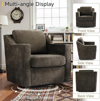 Pia Ricco 2-Pack Plush Oversized Chenille Fabric Swivel Accent Chairs with Removable Covers, Living Room Reception Bundle Set,Night Brown Black