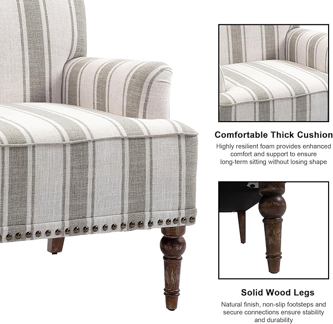 Accent Chair, Mid Century Modern Comfy Armchair for Living Room, Linen Fabric Single Sofa Lounge for Reading Bedroom Apartment Waiting Room with Wood Legs (Brown Stripe, Set of 2)