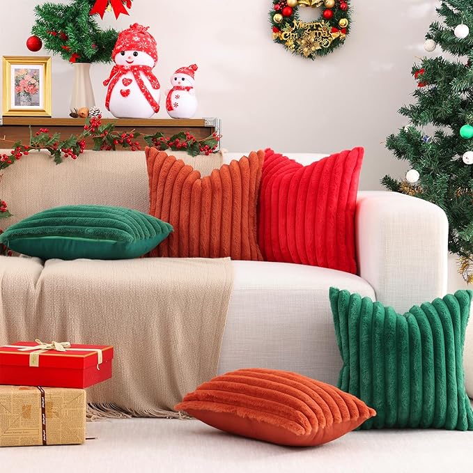 Pallene Faux Fur Plush Lumbar Christmas Throw Pillow Covers 12x20 Set of 2, Luxury Soft Fluffy Striped Decorative Pillow Covers for Sofa, Couch, Living Room, Christmas Green