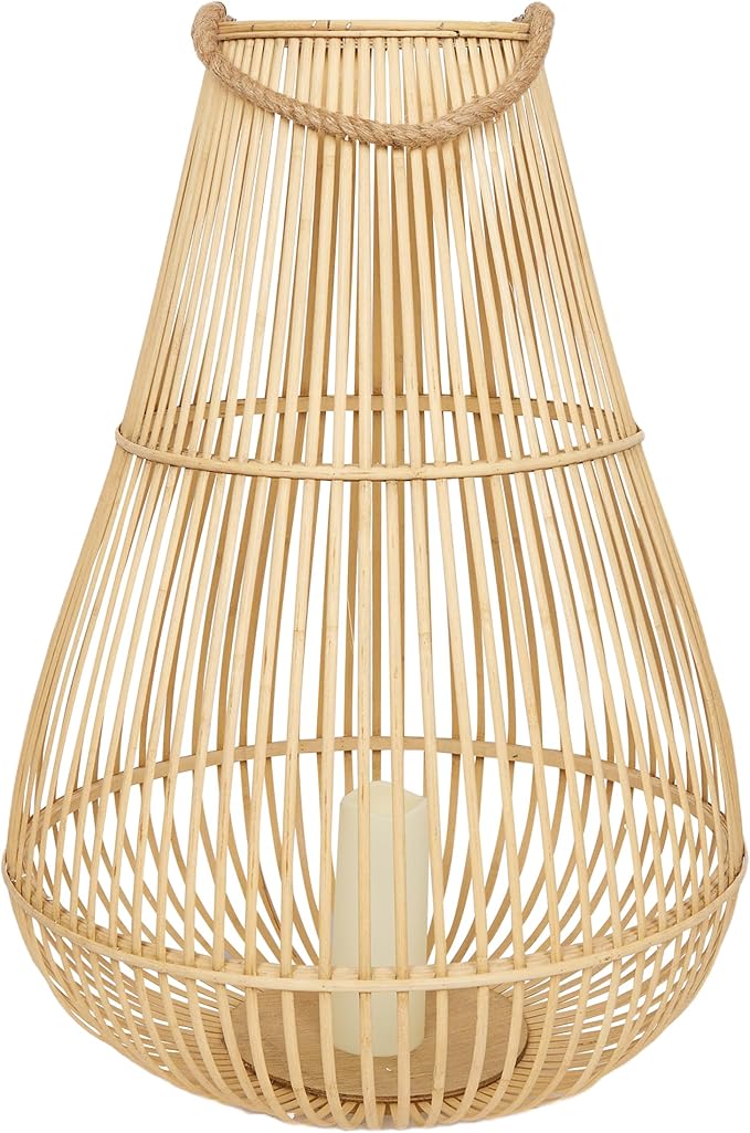 Alpine Corporation IWY108HH-L Outdoor Bamboo Lantern with LED Candle, Brown Finish for Patio and Garden Decor, 33" Tall
