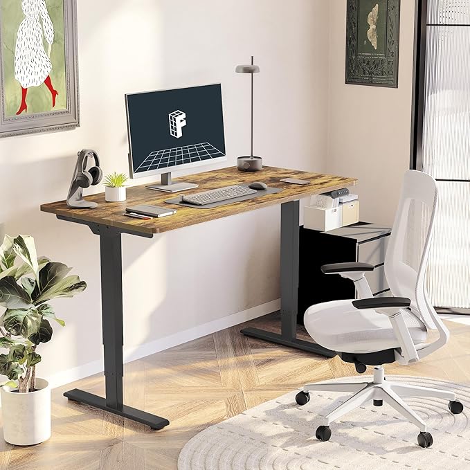 FLEXISPOT E6 3 Stages Dual Motor Electric Standing Desk 48x30 Inch Whole-Piece Board Height Adjustable Electric Sit Stand Desk(Black Frame + Special Walnut Top, 2 Packages)