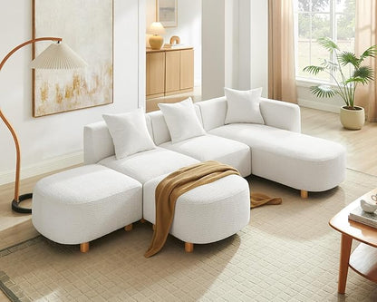 VANOMi 109.84" Modular Sectional Sofa with 3 Pillows, Convertible 5-Seater Comfy Boucle Cloud Couch with Ottoman, Modern Sectional Sofas for Living Room, Office, Apartment (White)