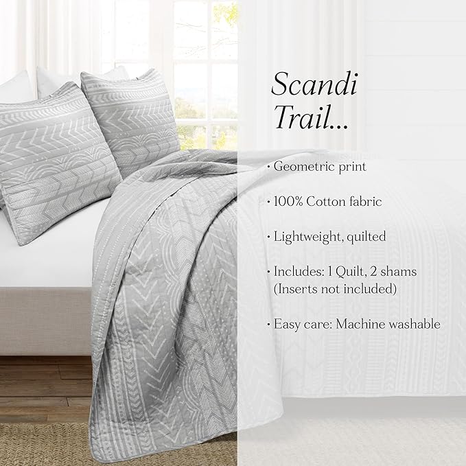 Lush Decor Hygge Geo Pattern Striped 3 Piece Quilt Bedding Set, Full/Queen, Light Gray