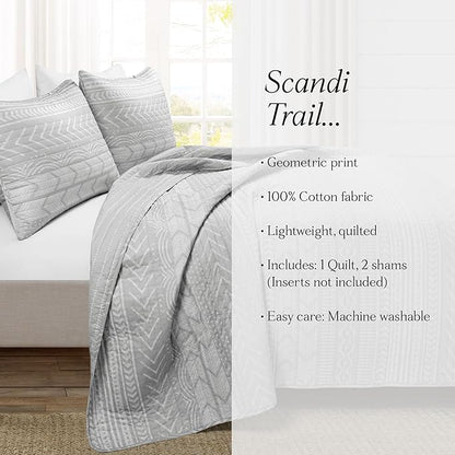 Lush Decor Hygge Geo Pattern Striped 3 Piece Quilt Bedding Set, Full/Queen, Light Gray