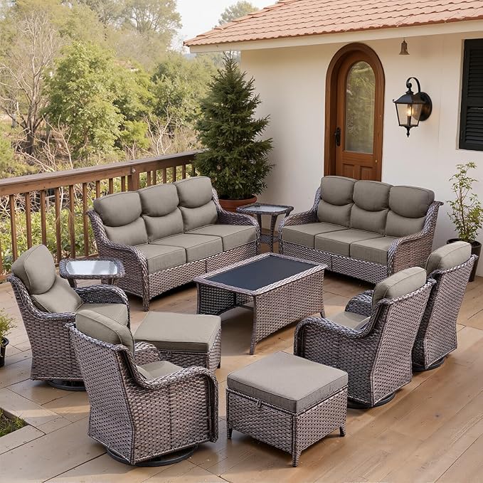 Belord Luxury 6" Thick Cushioned 11 Pieces Patio Furniture Set with Outdoor Couch, Wicker Outdoor Conversation Set with High Back Swivel Rocker Chairs for Deck Porch Yard and Poolside - Brown+Grey