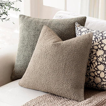 Foindtower Set of 2, Decorative Textured Boucle Throw Pillow Covers Accent Solid Pillow Cases Neutral Cozy Couch Cushion Case for Chair Sofa Bedroom Living Room Home Decor 26x26 Inch Light Khaki Tan