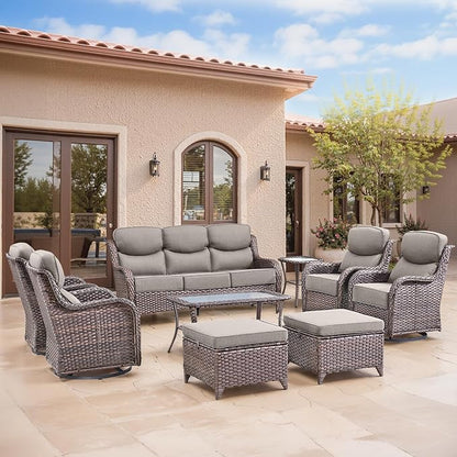 Swivel Patio Chairs sofa Set of 9 with 6" Thick Cushion - Wicker Outdoor Swivel Rocker Patio Chair ,Sofa/Glass coffee table, High Back Comfortable Outdoor Glider Chairs -Brown Wicker | Gery Cushions
