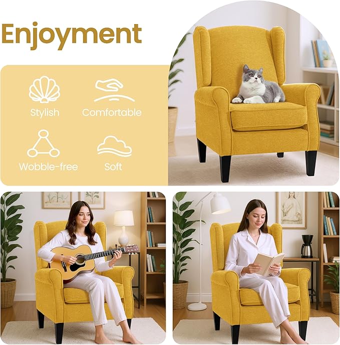 Accent Chairs for Bedroom, Yellow Fabric Classic Highback Reading Chairs, Elegant Farmhouse Single Couch Sofa with Wing Back, Modern Living Room Upholstered Armchair