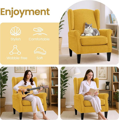 Accent Chairs for Bedroom, Yellow Fabric Classic Highback Reading Chairs, Elegant Farmhouse Single Couch Sofa with Wing Back, Modern Living Room Upholstered Armchair