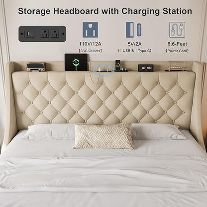 King Size Upholstered Platform Bed Frame with 4 Storage Drawers and Charging Station, Linen Button Tufted Wingback Headboard, Sturdy Wooden Support Slats, No Box Spring Needed, Beige
