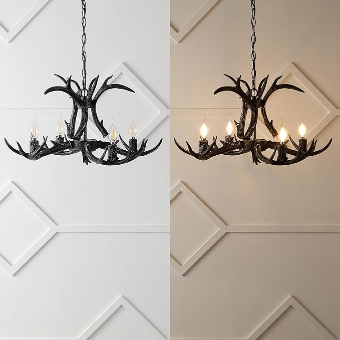 JONATHAN Y JYL6301D Eldora 26" Adjustable Resin Antler 4-Light LED Chandelier, Black for Living Room, Dining Room