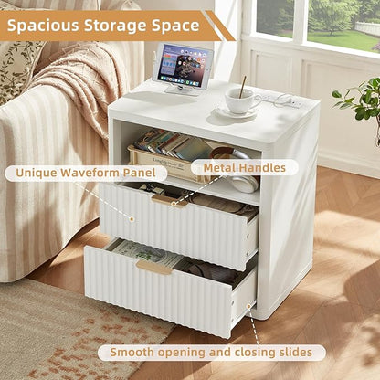 LEYAOYAO Fluted Farmhouse Nightstand Set of 2 with Charging Station, 23" Wide 2 Drawers End Table,White Dresser for Bedroom,Bed Side Table Chest of Drawers Cabinet,Wood Night Stand for Living Room