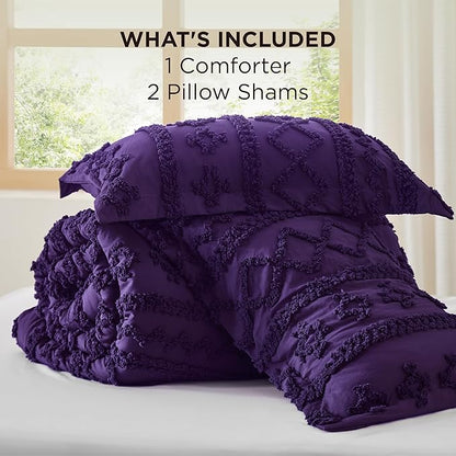 Bedsure Tufted Boho Comforter Set King Size - Purple Boho Bed Set, GentleSoft™ 3 Pieces Farmhouse Shabby Chic Embroidery Bedding, Gifts for Woman, Soft Jacquard King Comforter for All Seasons